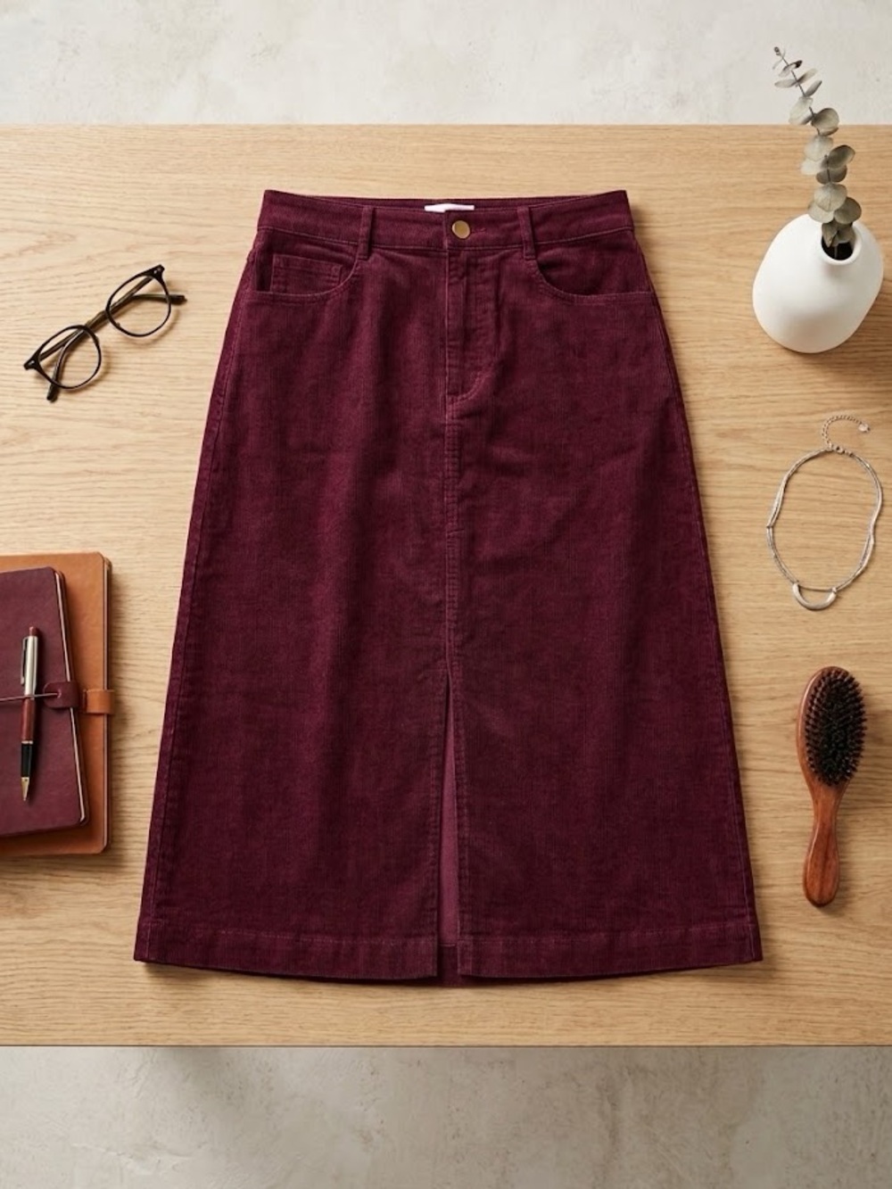 LOFT Deep Plum Corduroy Midi Skirt